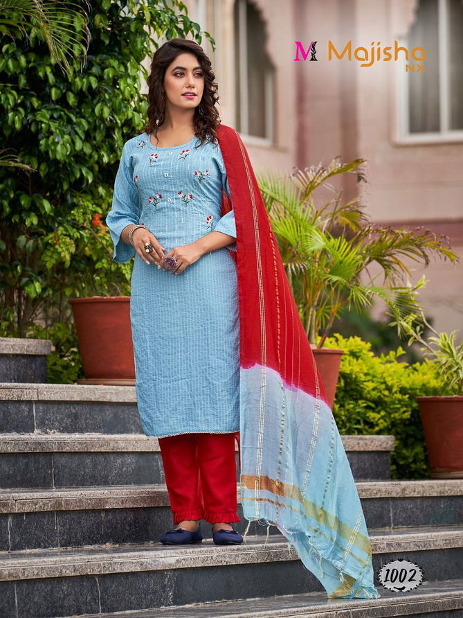 Majisha Nx Alexa Heavy Rayon Fancy Wear Designer Kurti Pant With Dupatta Collection